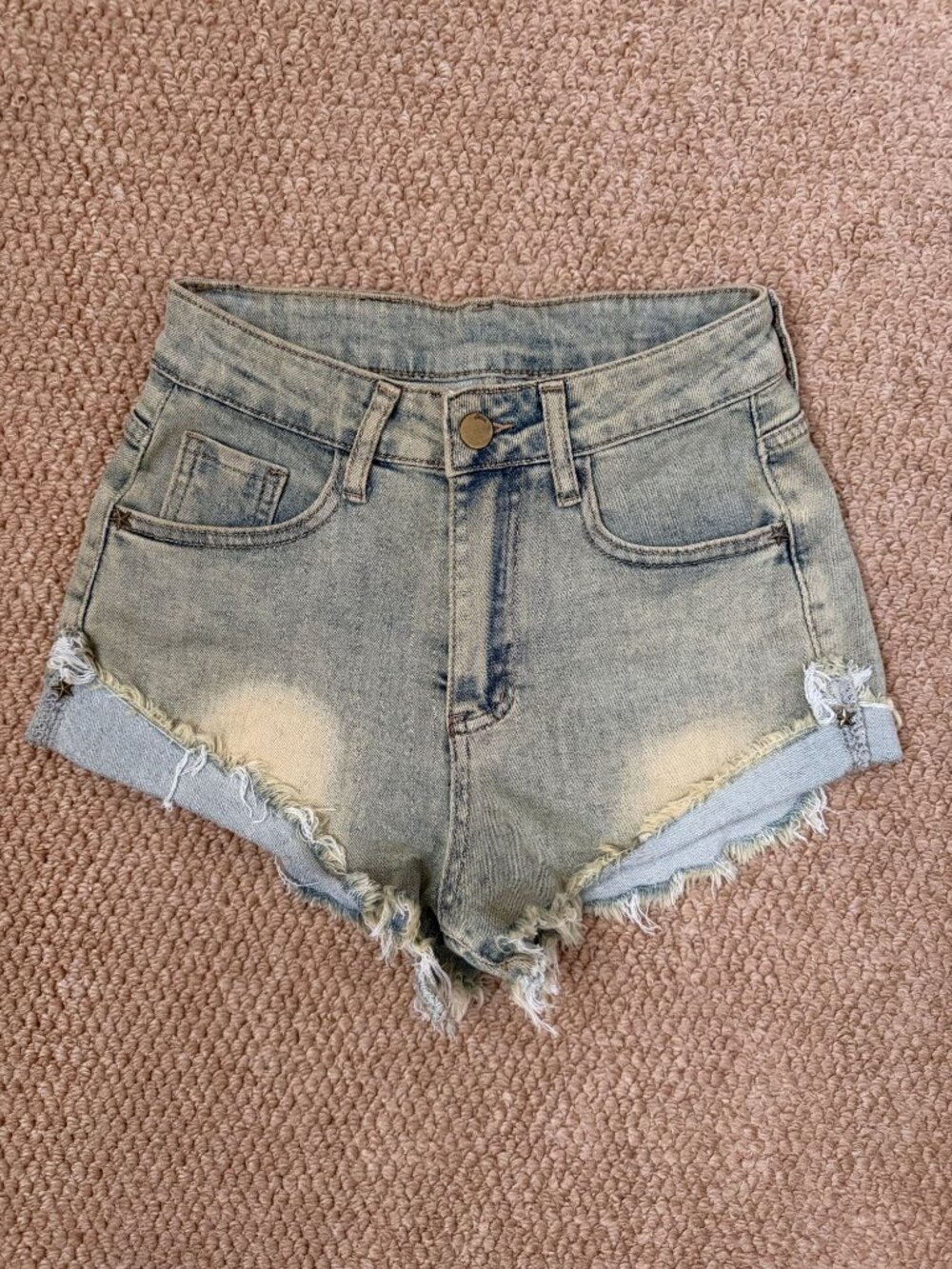 Dutch National High Rise Distressed Denim Shorts Light Wash Frayed Hem Size S